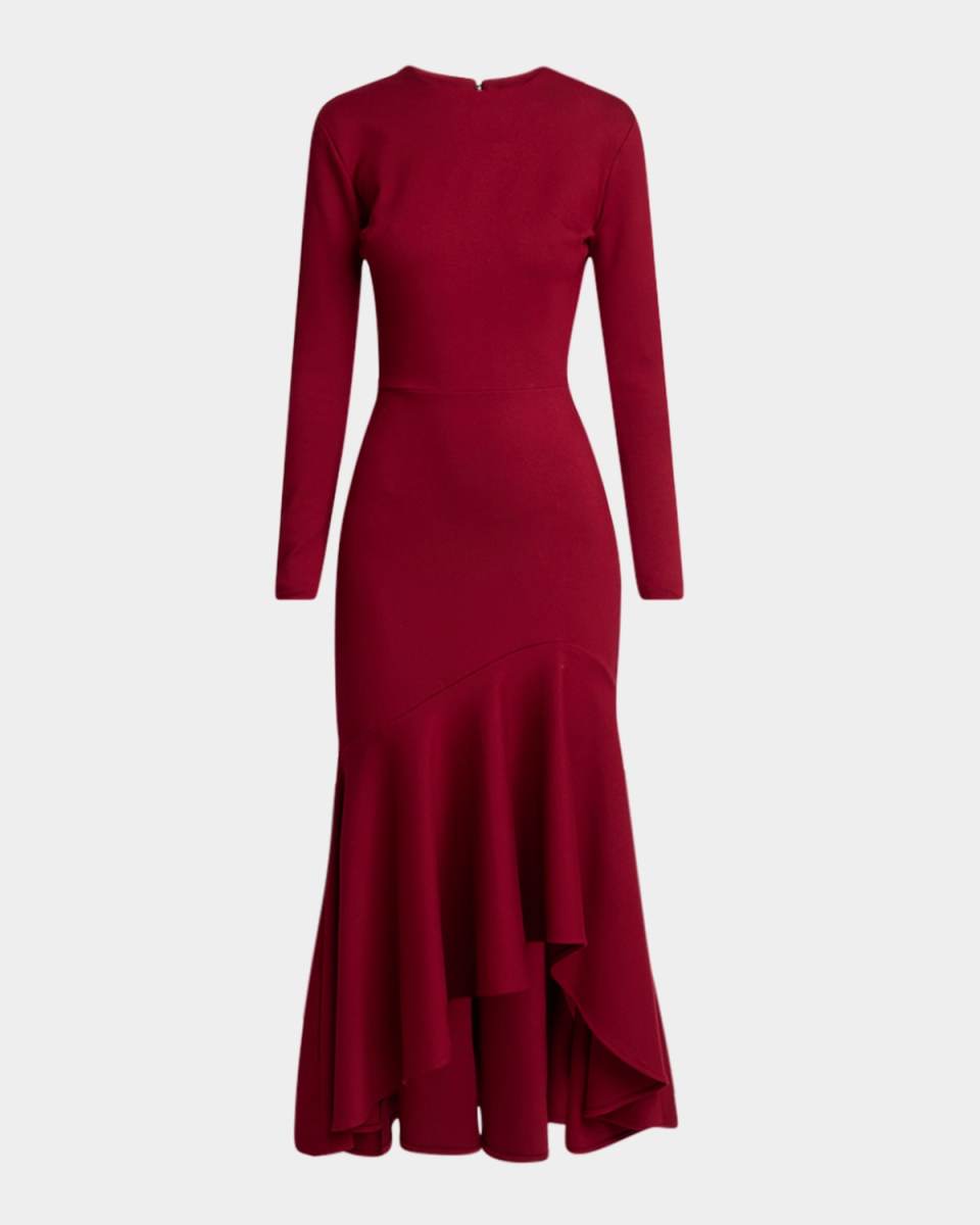 Long-Sleeve Flounce-Hem Jersey Midi Dress